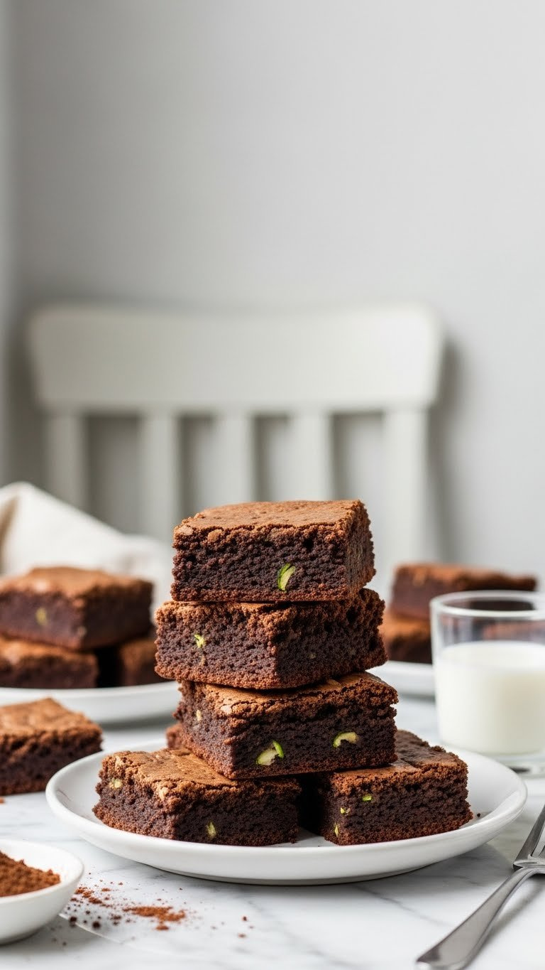 Fudgy Zucchini Brownies With Cracked Tops And Shredded Zucchini Visible On Marble Countertop
