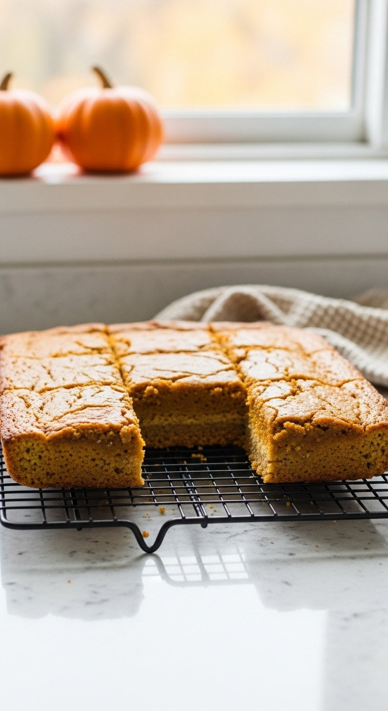Full 9X13 Pan Of Unfrosted Pumpkin Bars Cooling On A Black Wire Rack On A Light Gray Quartz Counter With Fall Window View.