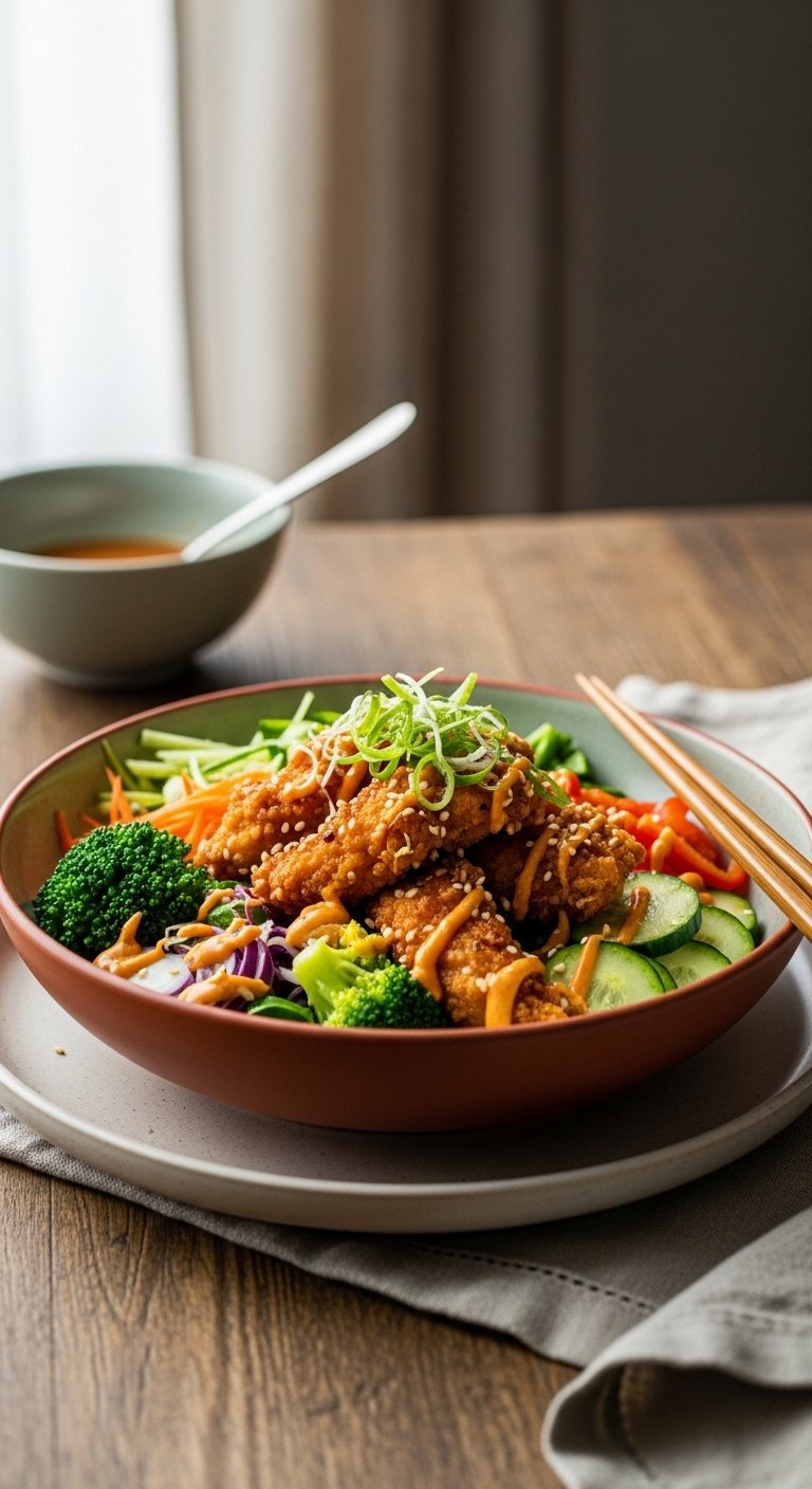 Fully Assembled Bang Bang Chicken Bowl With Crispy Chicken And Vegetables Drizzled With Sauce.