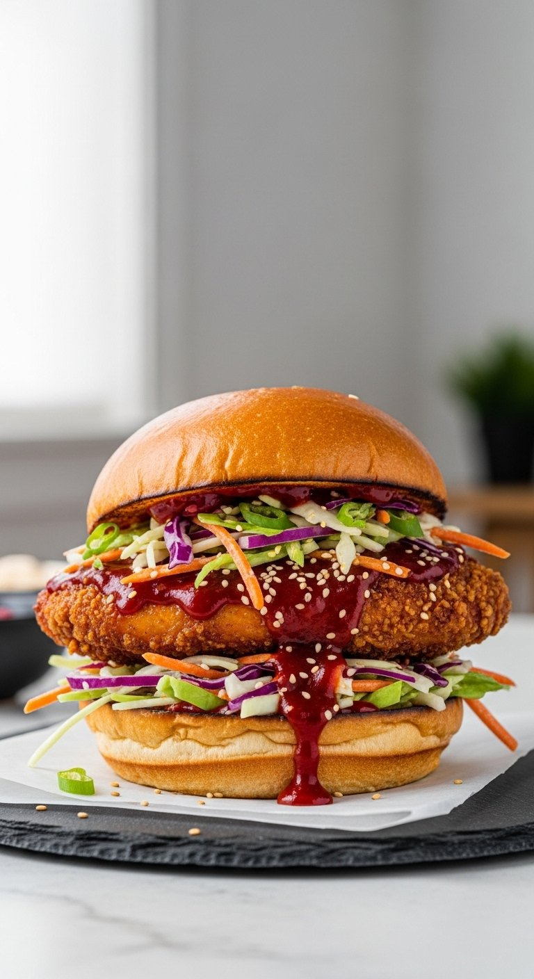 Fully Assembled Korean Bbq Chicken Sandwich With Crispy Glaze And Crunchy Slaw On Brioche.
