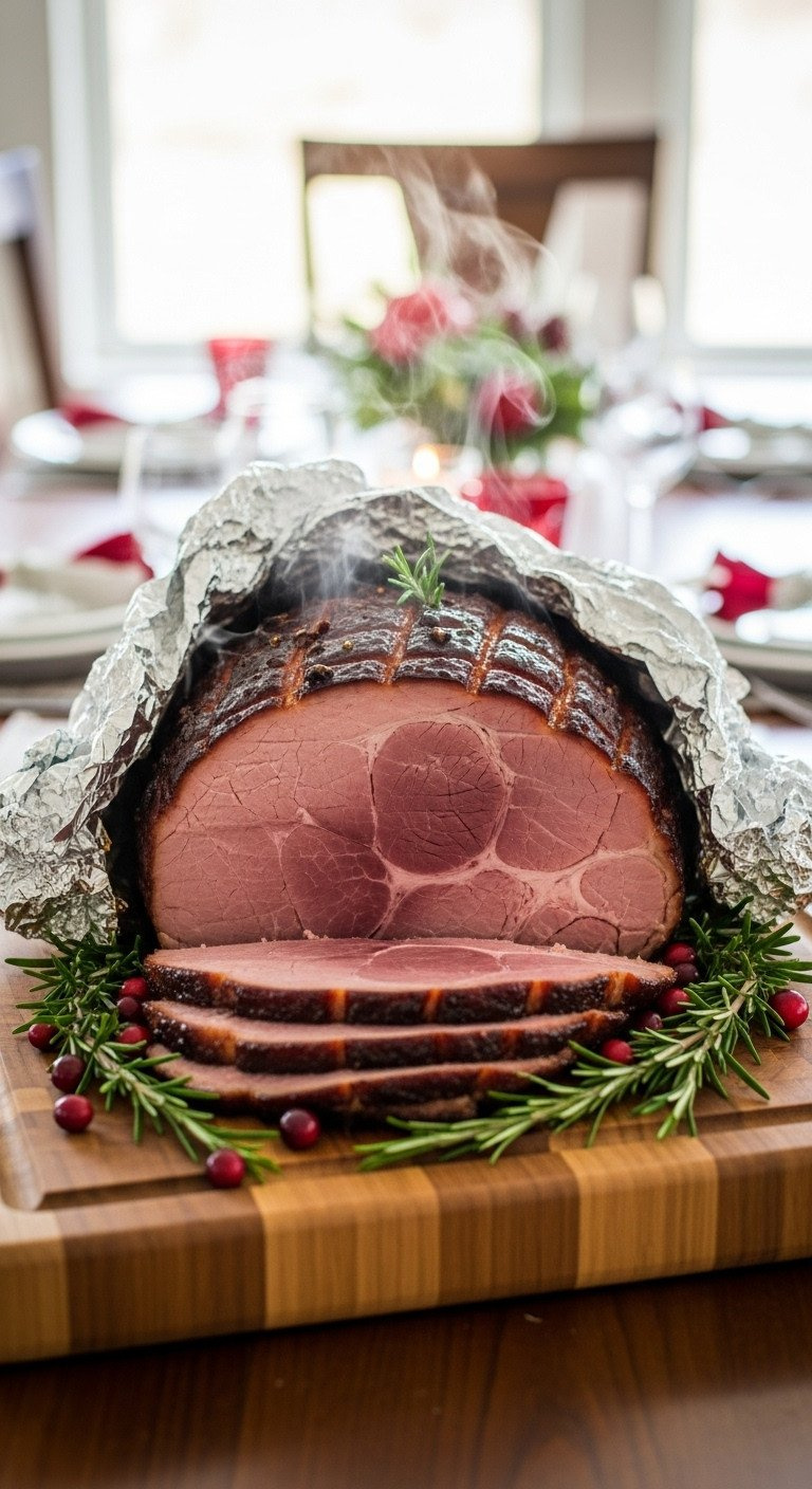 Fully Cooked, Glossy Glazed Christmas Ham Rests On A Wooden Carving Board, Tented With Foil, Garnished With Rosemary &Amp; Cranberries.