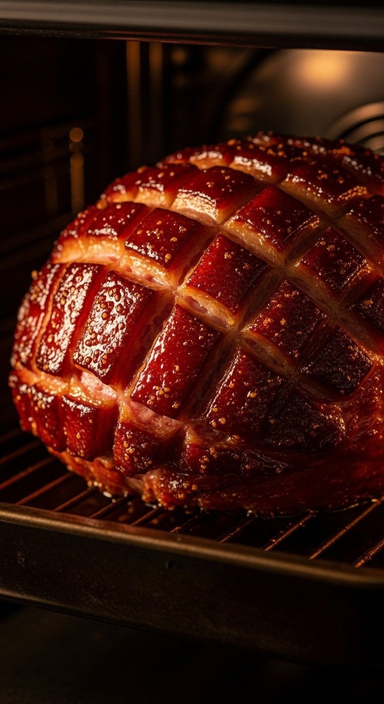 Fully Glazed Ham With A Thick, Bubbly, Caramelized Mahogany Crust In Oven, Showing Glossy Finish Under Warm Golden Light. Oven Roasted.