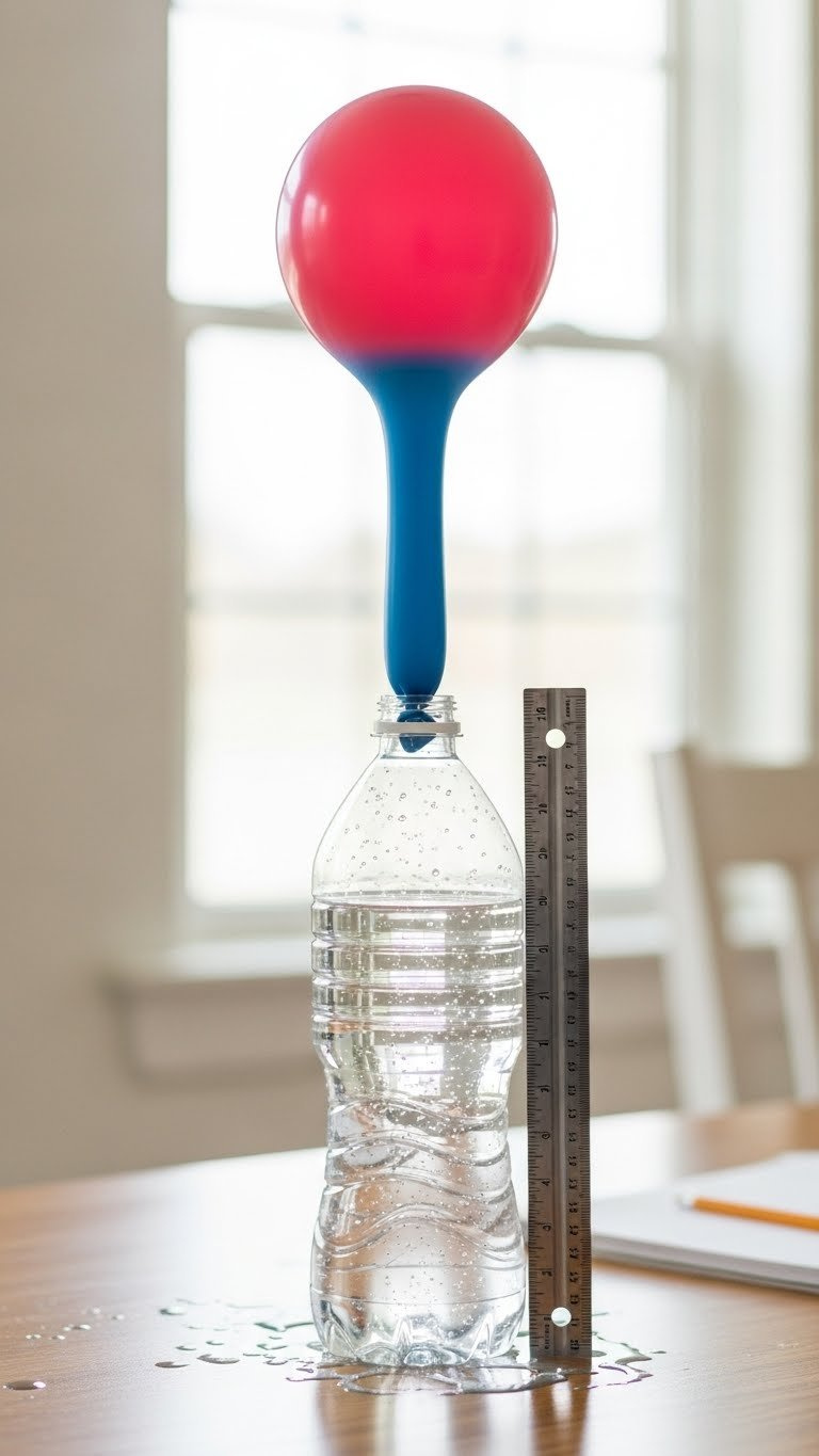 Fully Inflated Colorful Latex Balloon Atop Plastic Bottle After Successful Baking Soda Vinegar Experiment