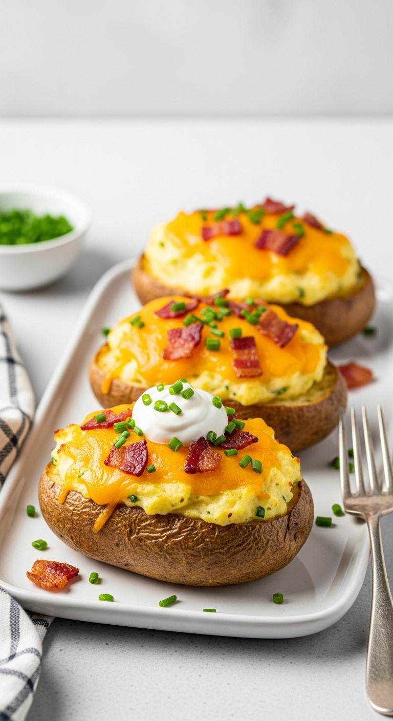 Fully Loaded Twice-Baked Potatoes With Melted Cheese Bacon Chives And Sour Cream On A White Platter In A Bright Kitchen