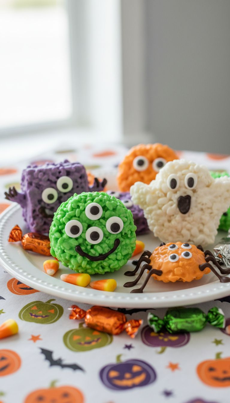 Fun Creepy Critter Krispie Treats: Monster, Spider, Ghost Shapes With Googly Eyes. Vibrant Halloween Party Dessert.