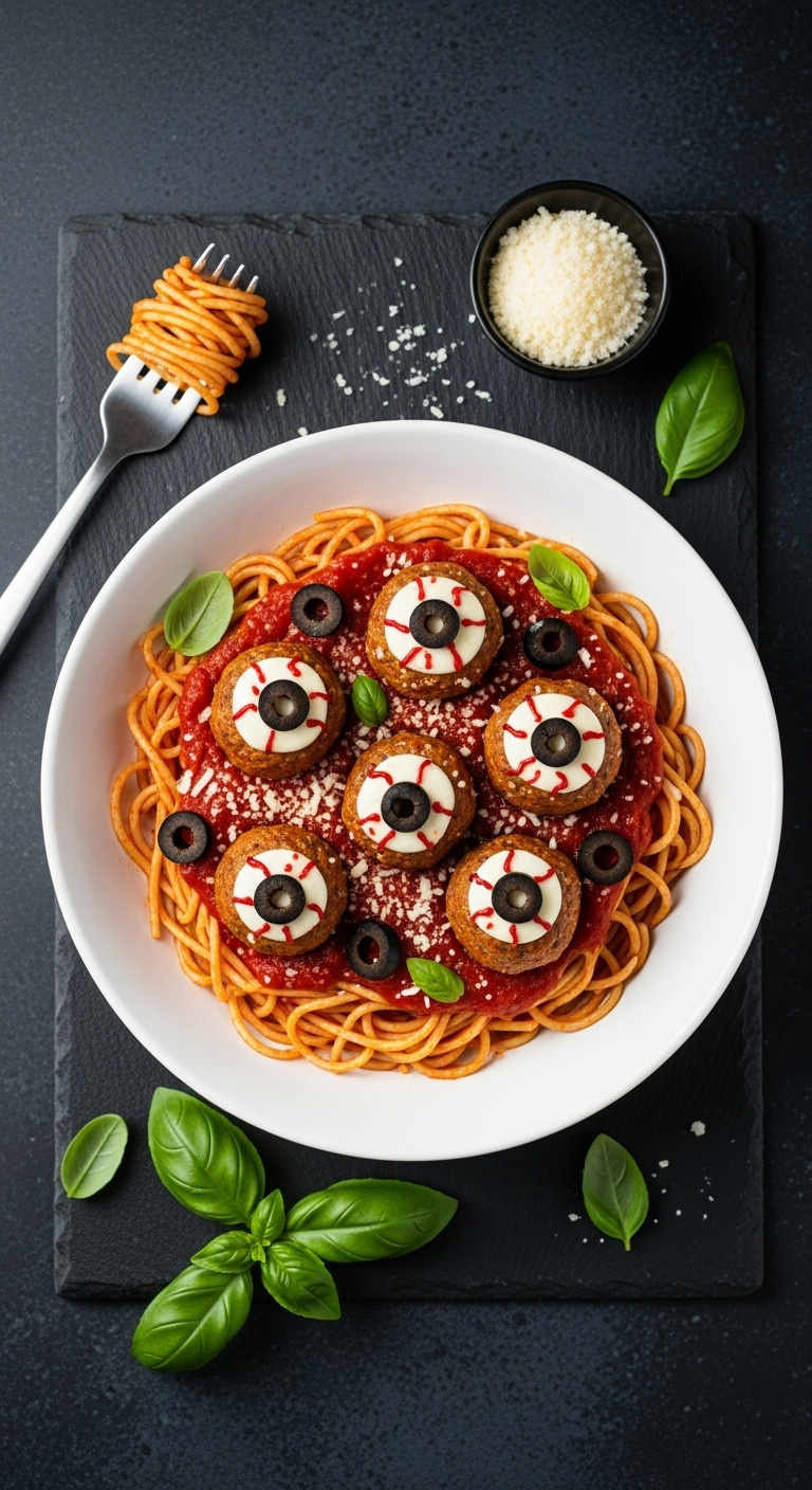 Fun Halloween Dinner For Kids Spooky Spaghetti With Meatball Eyeballs Mozzarella And Olives In A White Bowl On Black Slate