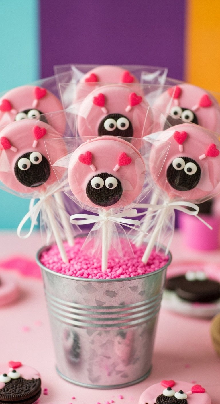 Fun 'Love Bug' Oreo Pops Dipped In Pink Candy Melt With Googly Eyes &Amp; Heart Sprinkles, On Lollipop Sticks In A Bucket.