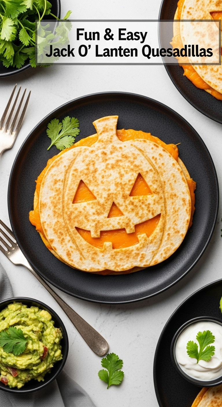 Fun And Easy Gluten-Free Jack O' Lantern Quesadillas On A Spooky Plate With Guacamole And Sour Cream
