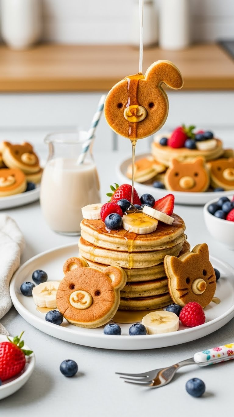Fun Animal-Shaped Vegan Pancakes Stack With Fresh Berries And Maple Syrup On White Ceramic Plate