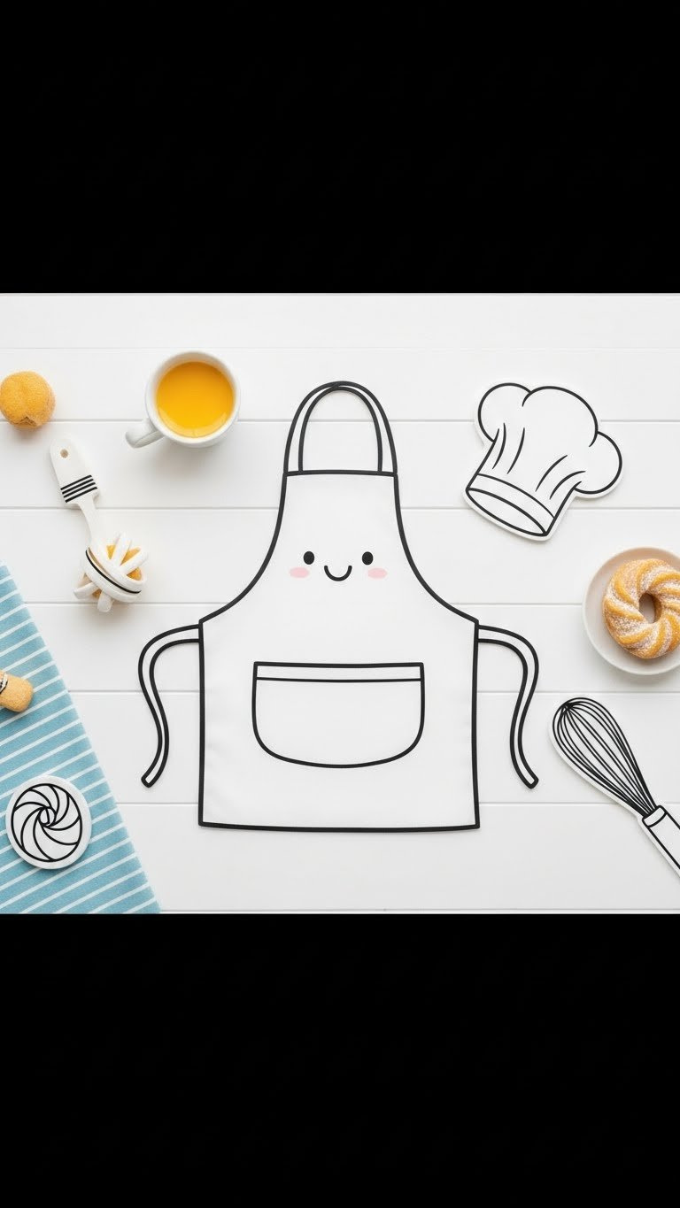 Fun Apron Doodle With Minimalist Outline On White Background, Featuring Chef Hat And Whisk Accessories