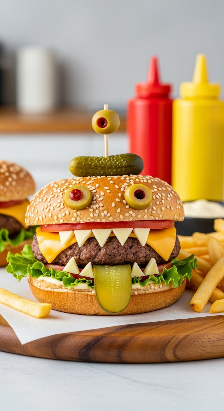 Fun Easy Halloween Monster Burger With Cheese Teeth Olive Eyes And Pickle Tongue On A Wooden Board With Fries