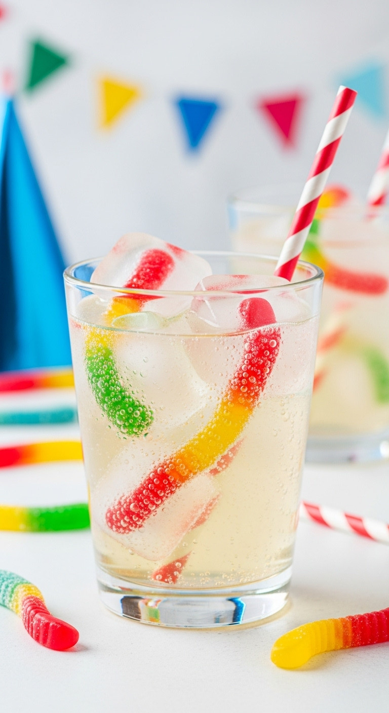 Fun Fizzy Soda With Clear Ice Cubes, Each Holding A Colorful Gummy Worm, For A Refreshing Halloween Party Drink.