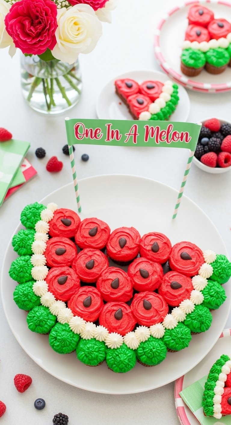Fun Mini Watermelon Cupcake Pull-Apart Cake Arranged In A Slice Shape On A White Serving Platter.