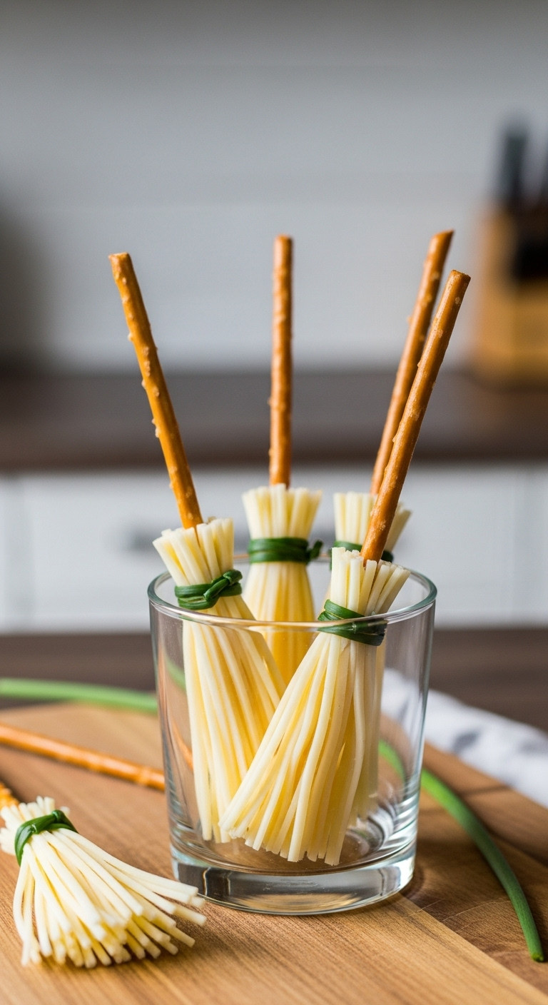 Fun Pretzel And Cheese Witches' Brooms In A Glass, Frayed String Cheese Bristles, Loose Pretzels, Chive On Wood Board.