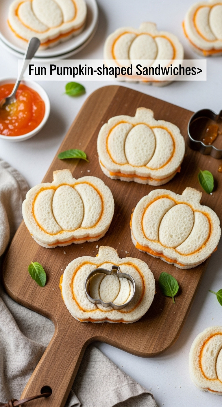 Fun Pumpkin Shaped Sandwiches With Orange Filling On Wooden Cutting Board For Halloween Lunch