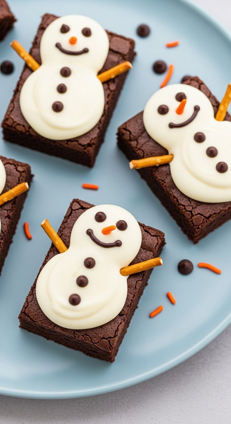 Fun Top-Down Flat Lay Of Melted Snowman Brownies With Pretzel Arms On A Light Blue Platter For A Holiday Party.