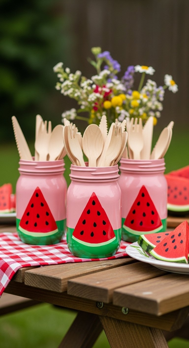 Functional Watermelon Mason Jar Cutlery Holders Filled With Wooden Forks And Spoons On A Rustic Picnic Table.