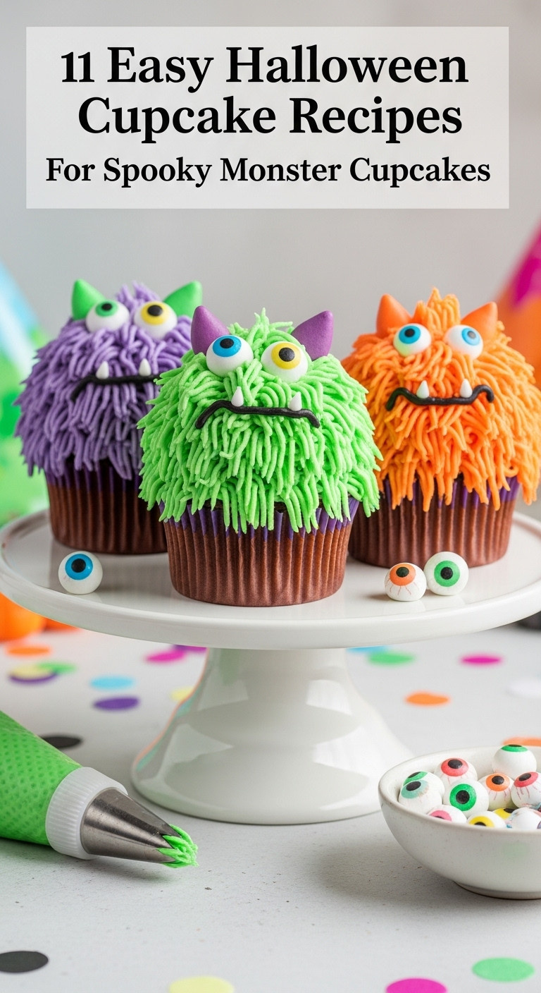 Furry Monster Cupcakes In Neon Green Purple And Orange With Candy Eyeballs On A White Cake Stand