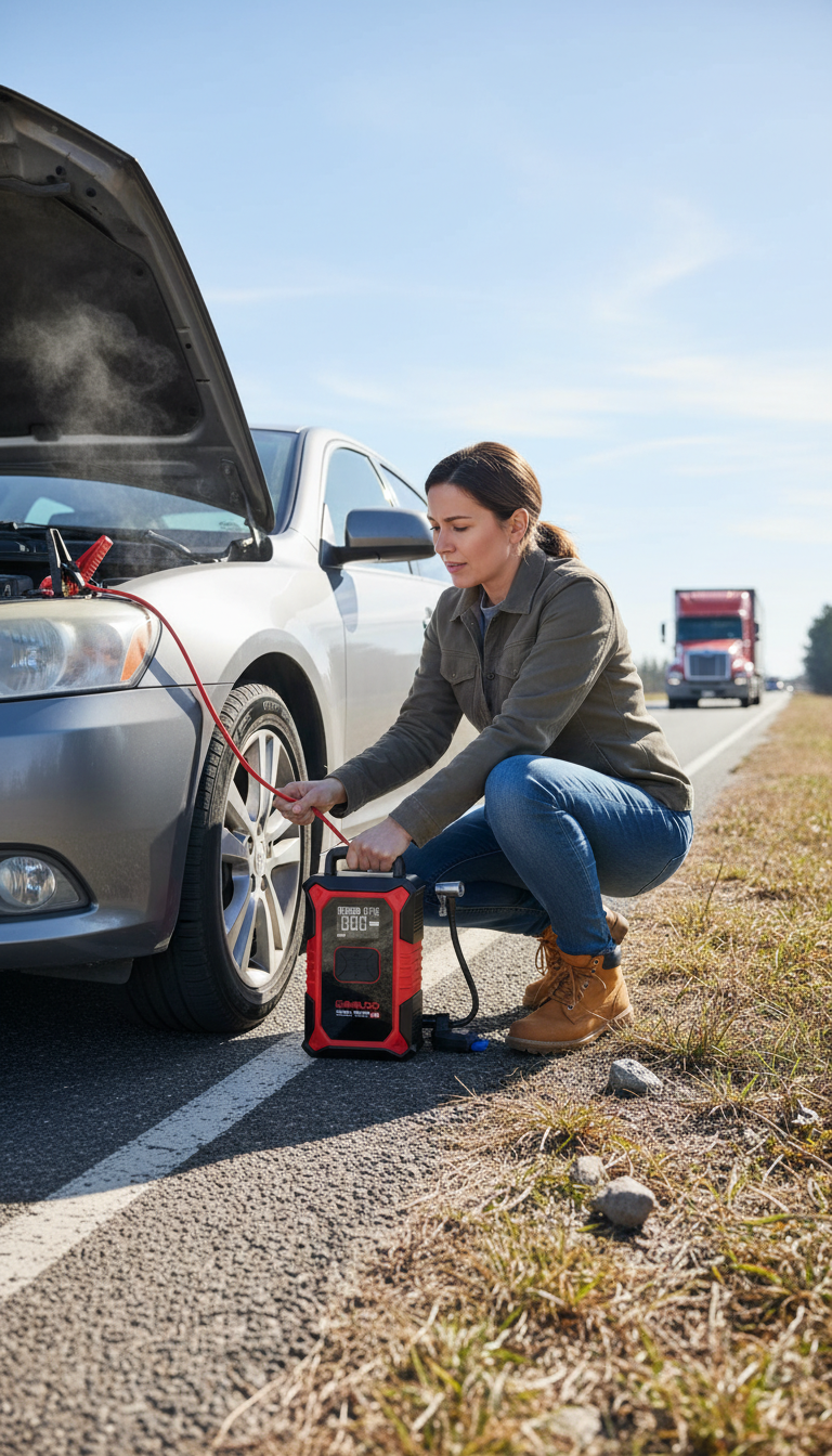 A Picture Showing The Gooloo A3 Jump Starter Connected To A Car Battery.