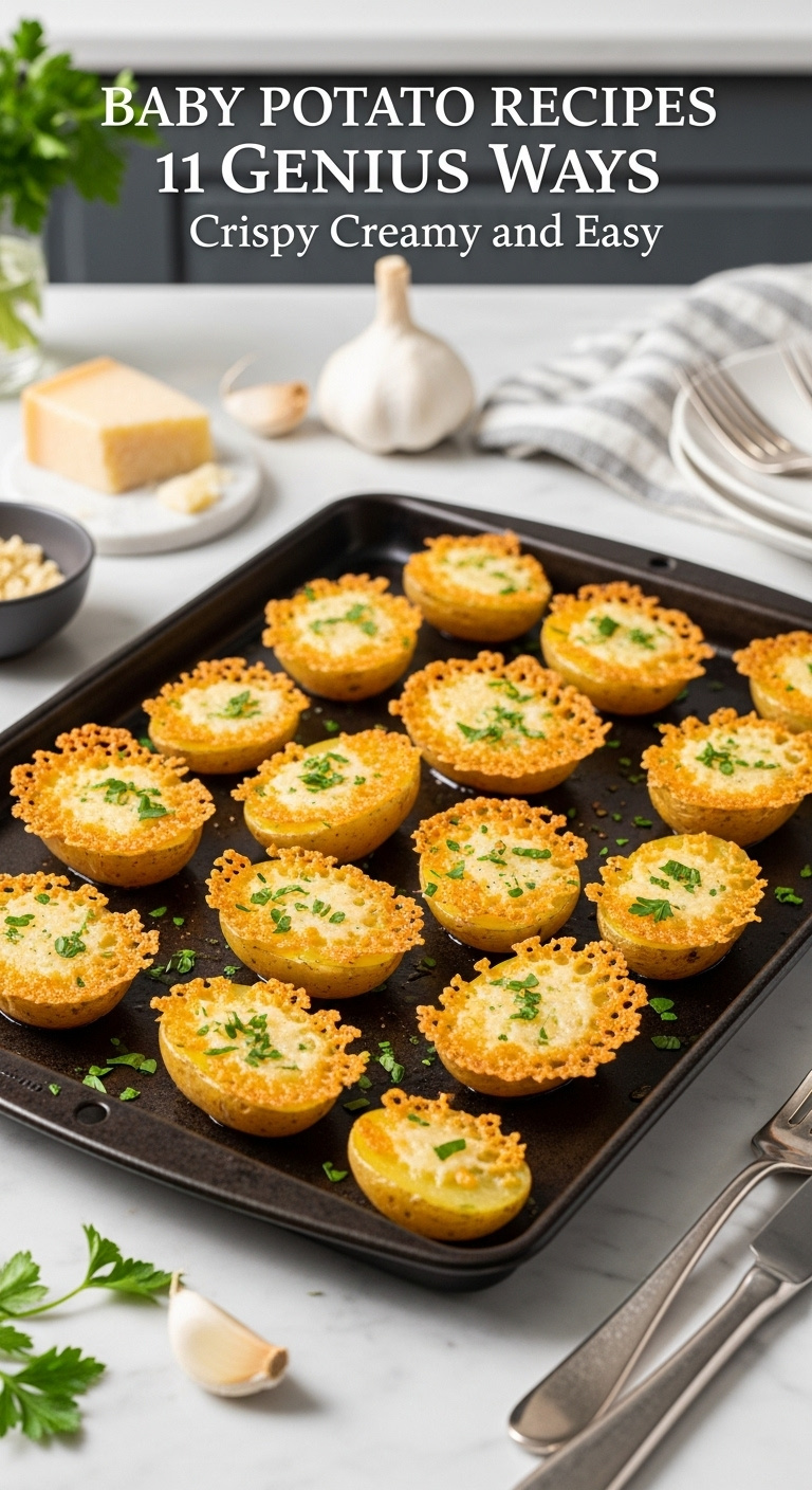 Garlic Parmesan Roasted Baby Potatoes On A Dark Baking Sheet With Crispy Cheese And Fresh Parsley