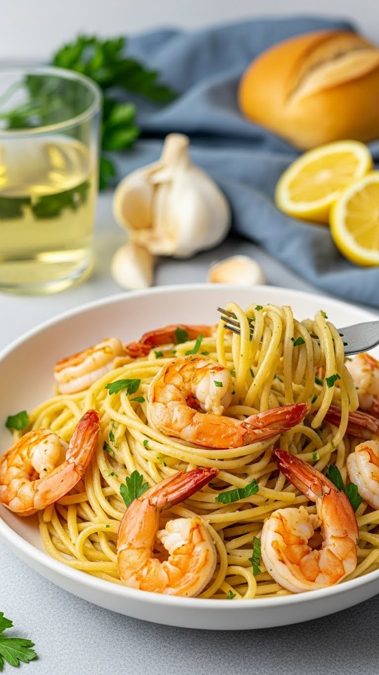 Garlic Butter Shrimp Scampi With Linguine Pasta In Shallow White Bowl With Lemon Garnish