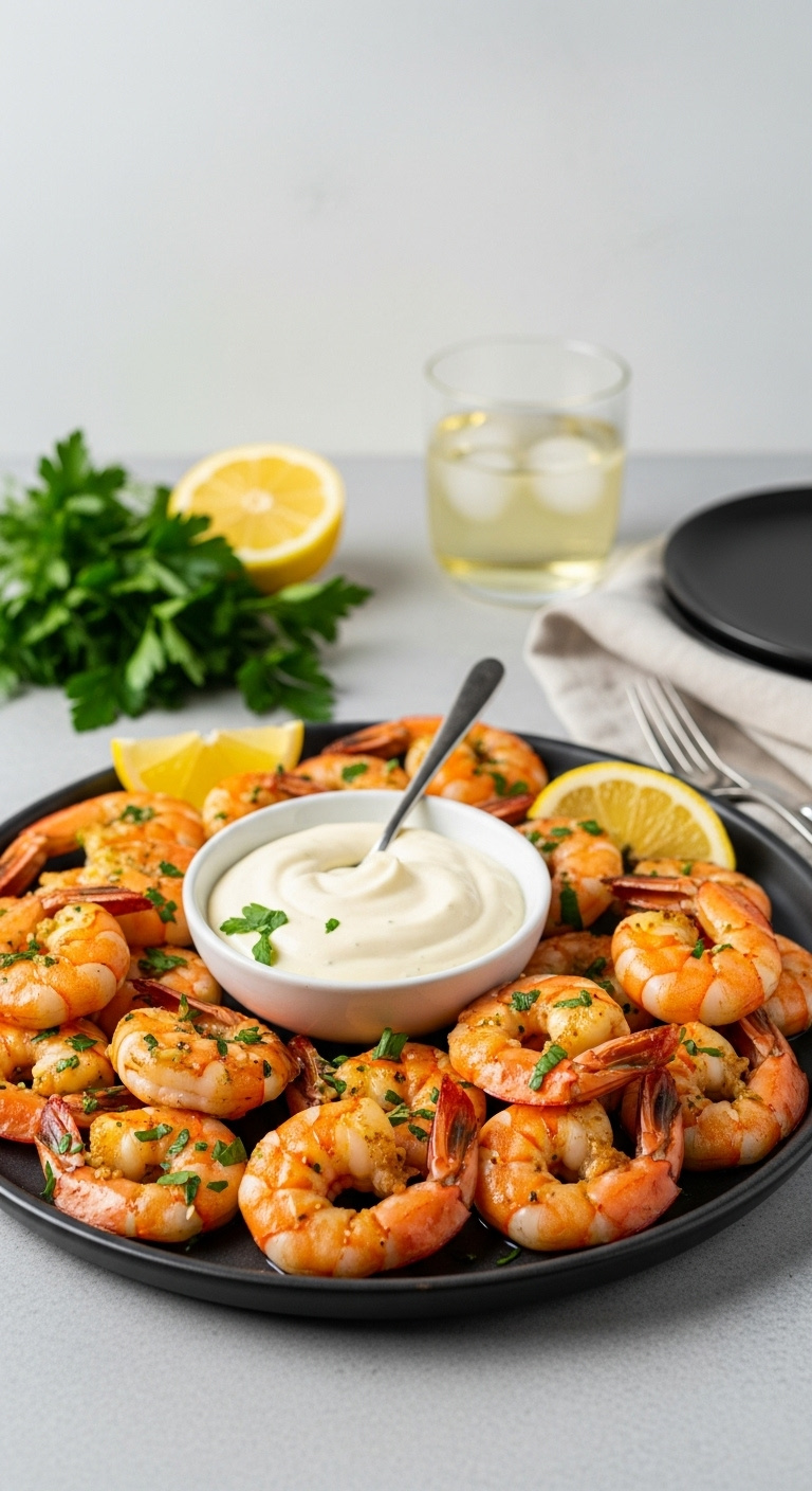 Garlic Butter Shrimp With Lemon Aioli On A Dark Ceramic Platter With Lemon Wedges And Parsley And A Glass Of Sauvignon Blanc