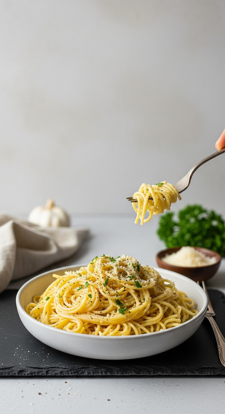 Garlic Parmesan Pasta With Angel Hair Pasta Butter Sauce Black Pepper And Parsley In An Elegant Bowl On A Dark Placemat
