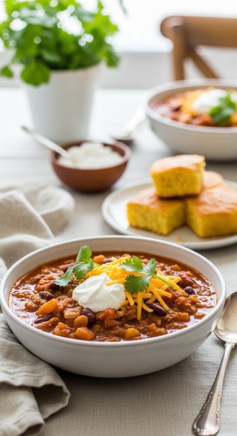 Garnished Pumpkin Chili Bowl With Sour Cream, Cheddar, Cilantro. Served With Cornbread, A Delicious Hearty Fall Meal.