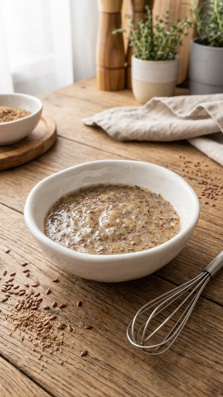 Gelatinous Flax Egg Mixture In A White Ceramic Bowl On A Rustic Wooden Table, With Whisk And Scattered Flax Seeds For Vegan Baking.
