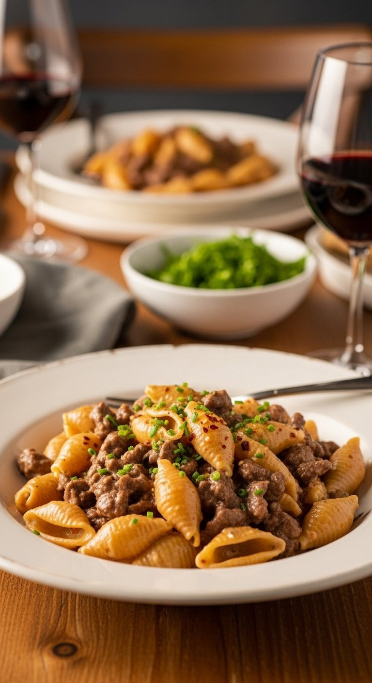 Generous Portion Of Creamy Beef And Shells Pasta In A White Bowl Garnished With Fresh Chives And Red Pepper Flakes.
