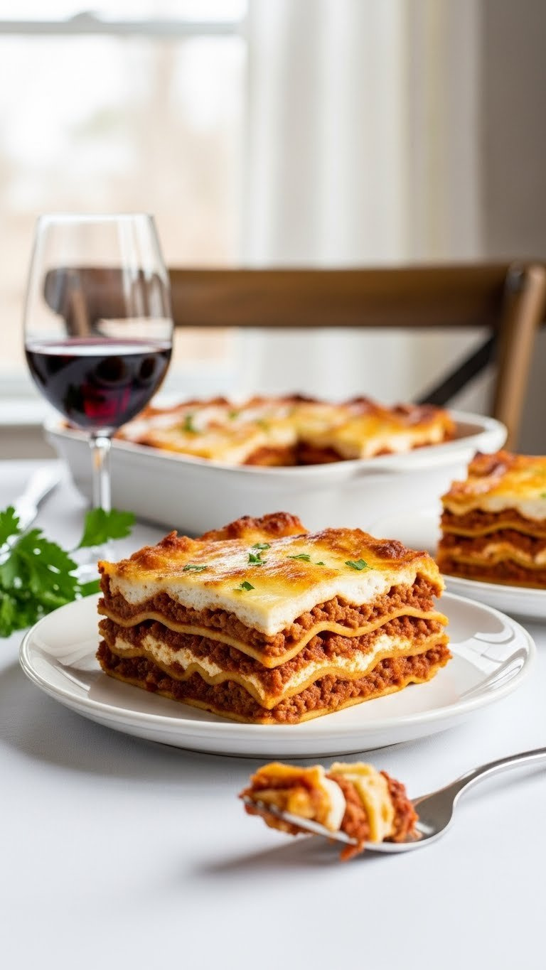 Generous Slice Of Classic Beef Lasagna Standing Upright Showcasing Layered Pasta Sheets, Meat Ragu, Ricotta, And Melted Mozzarella Cheese.