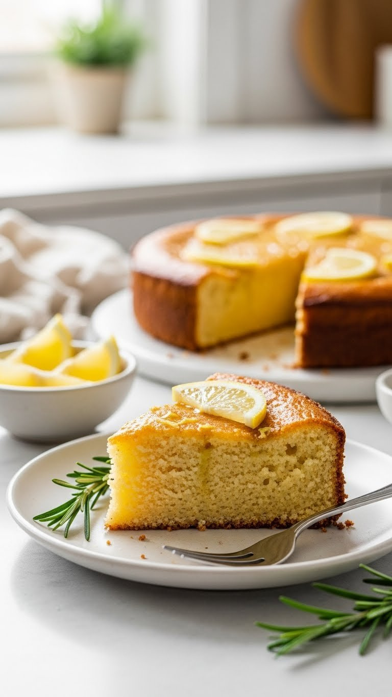 Generous Slice Of Golden Gluten-Free Lemon Olive Oil Cake With Tender Crumb And Lemon Drizzle On Ceramic Plate With Fresh Lemon Slices