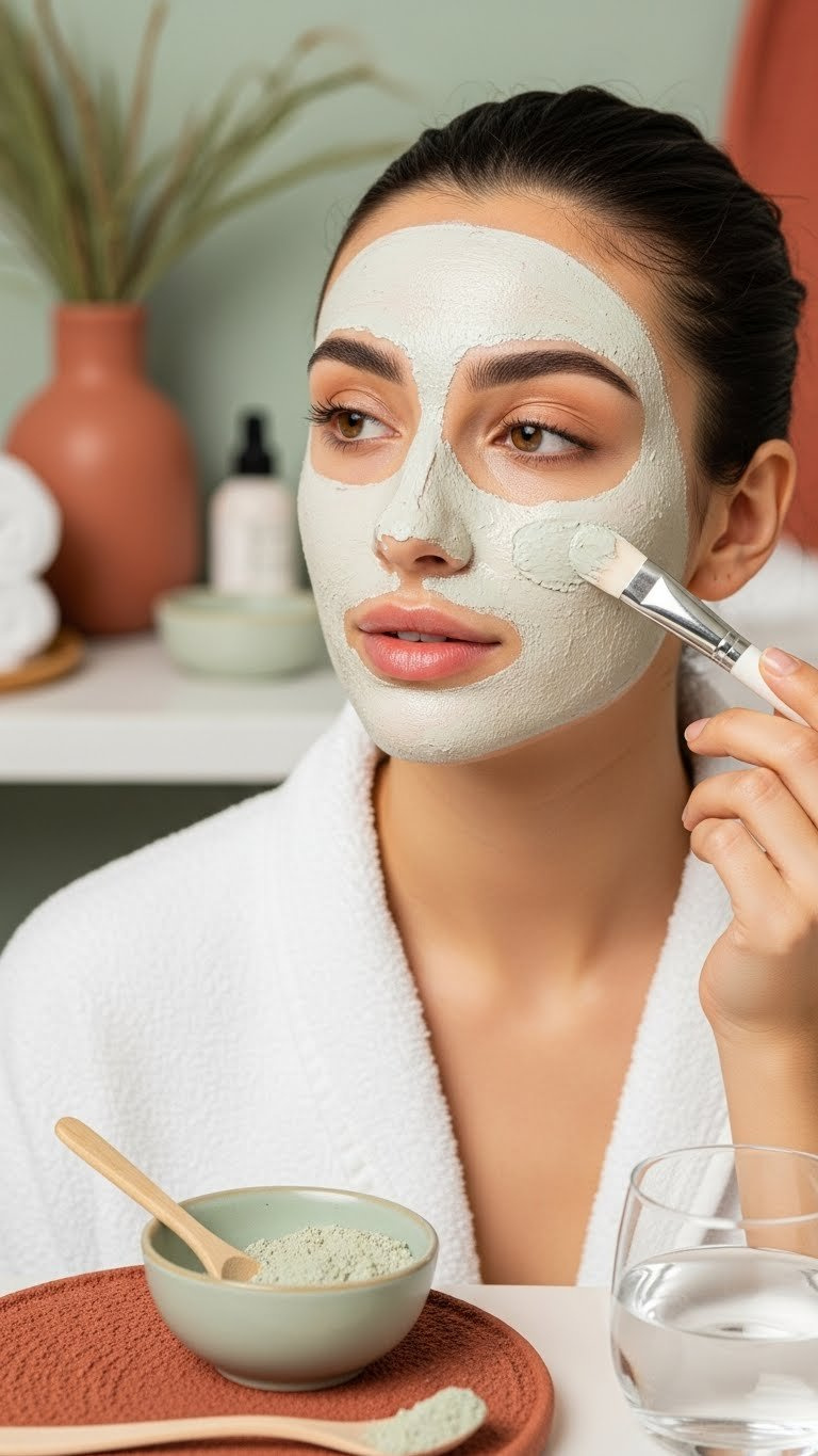 Gentle Clay Mask Being Applied With Soft Brush To Clean Face For Acne Treatment Skincare Routine