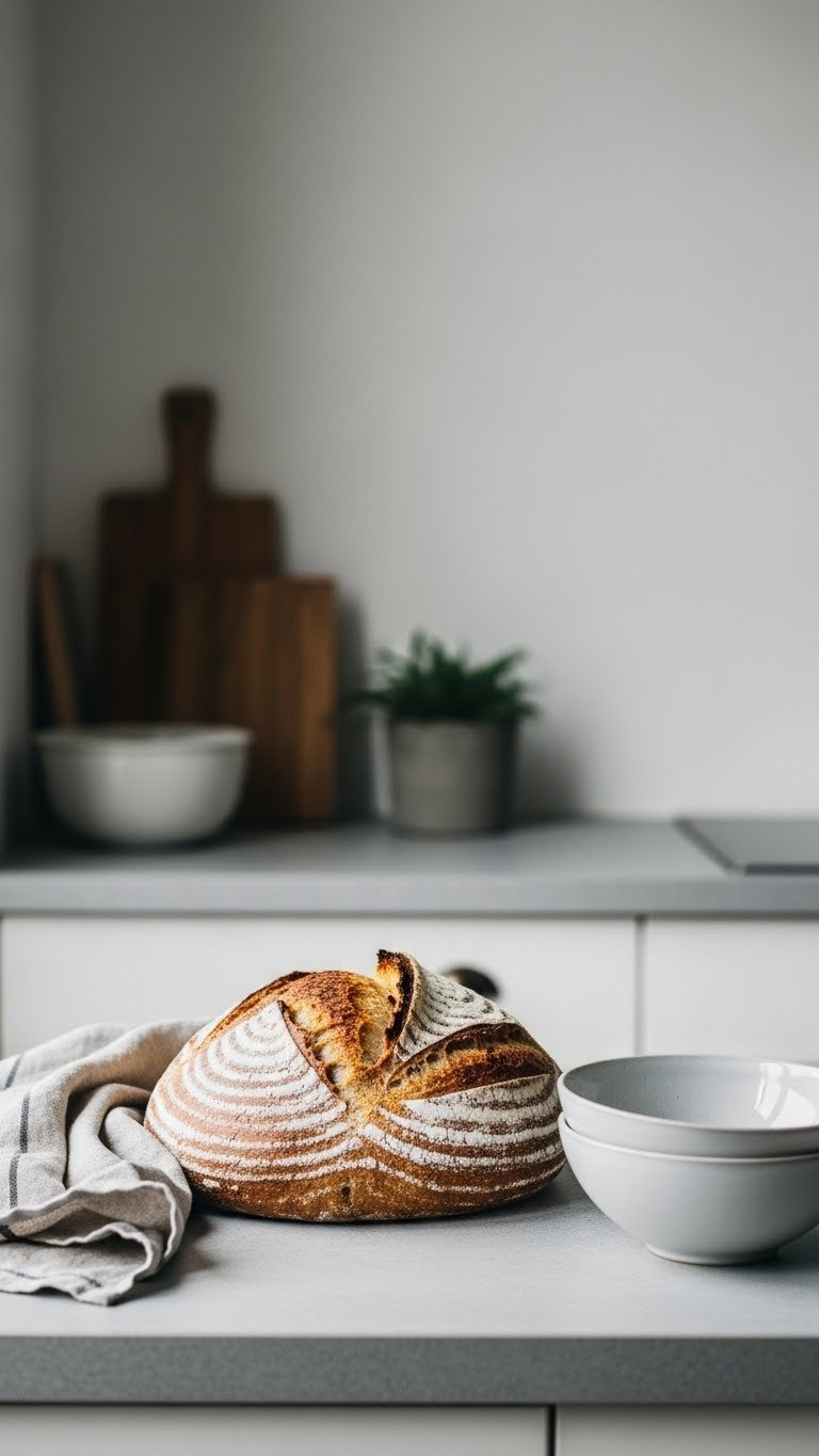 Geometric Sourdough Loaf With Scored Crust On Light Concrete Countertop With Minimalist Ceramic Bowls