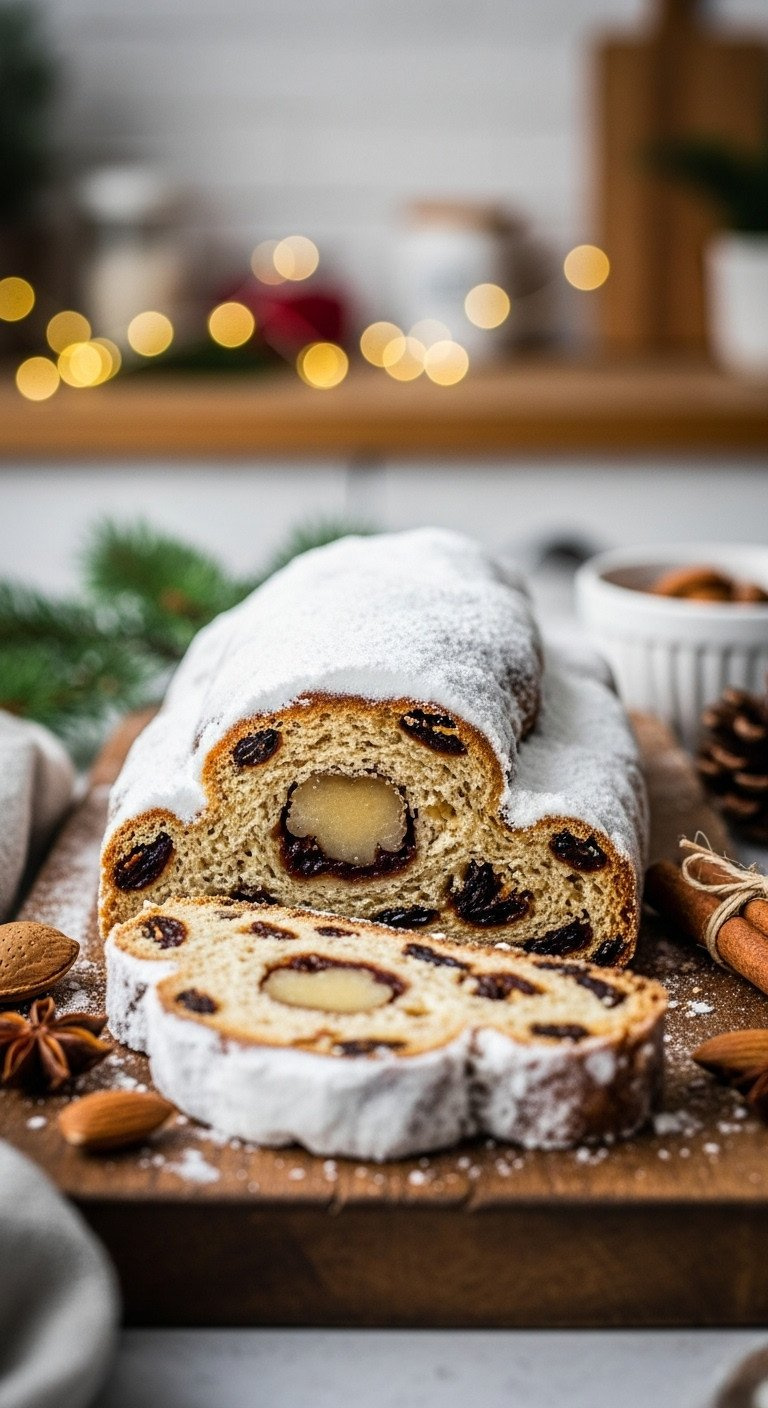 German Stollen, Dusted With Powdered Sugar, Revealing Marzipan, Candied Citrus, Raisins. Festive Christmas Bread On A Rustic Board With Holiday Decor.