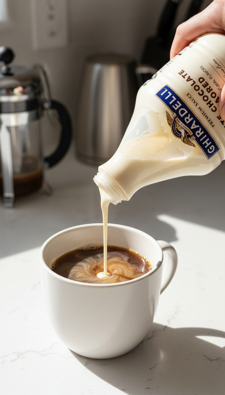 A Cup Of Coffee With Ghirardelli White Chocolate Sauce Being Drizzled On Top.