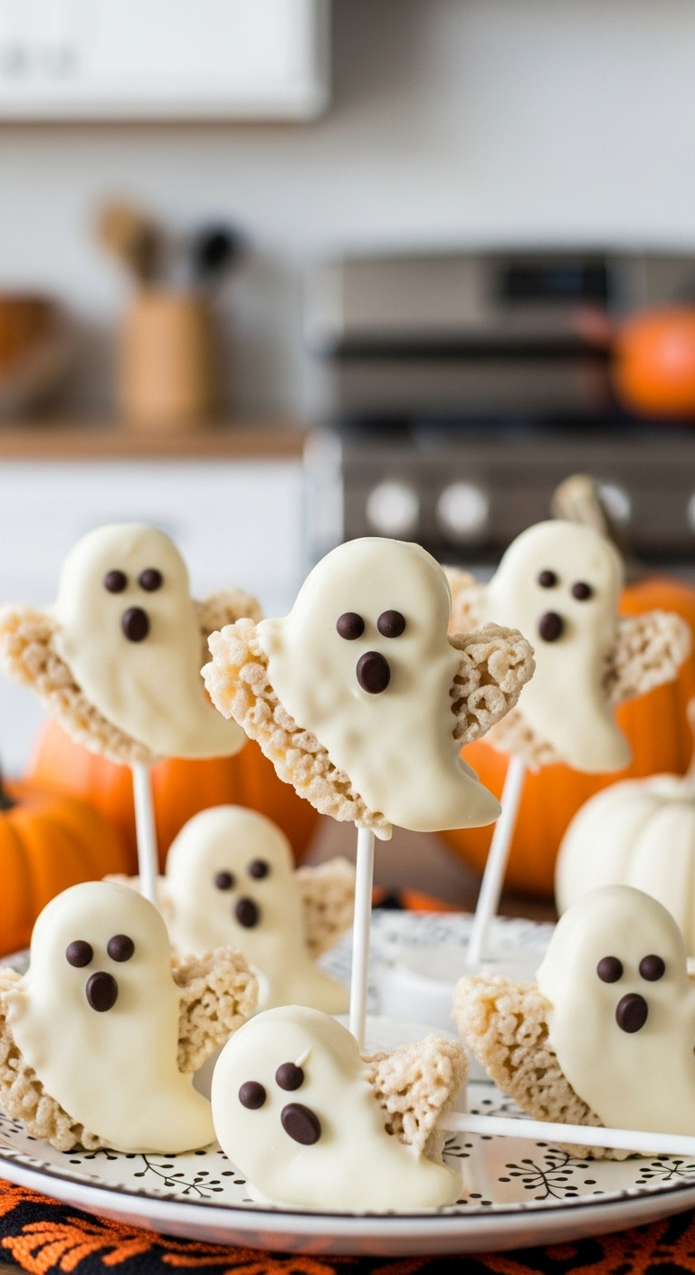Ghost Rice Krispie Treats On Lollipop Sticks With Chocolate Chip Eyes On A Halloween Platter