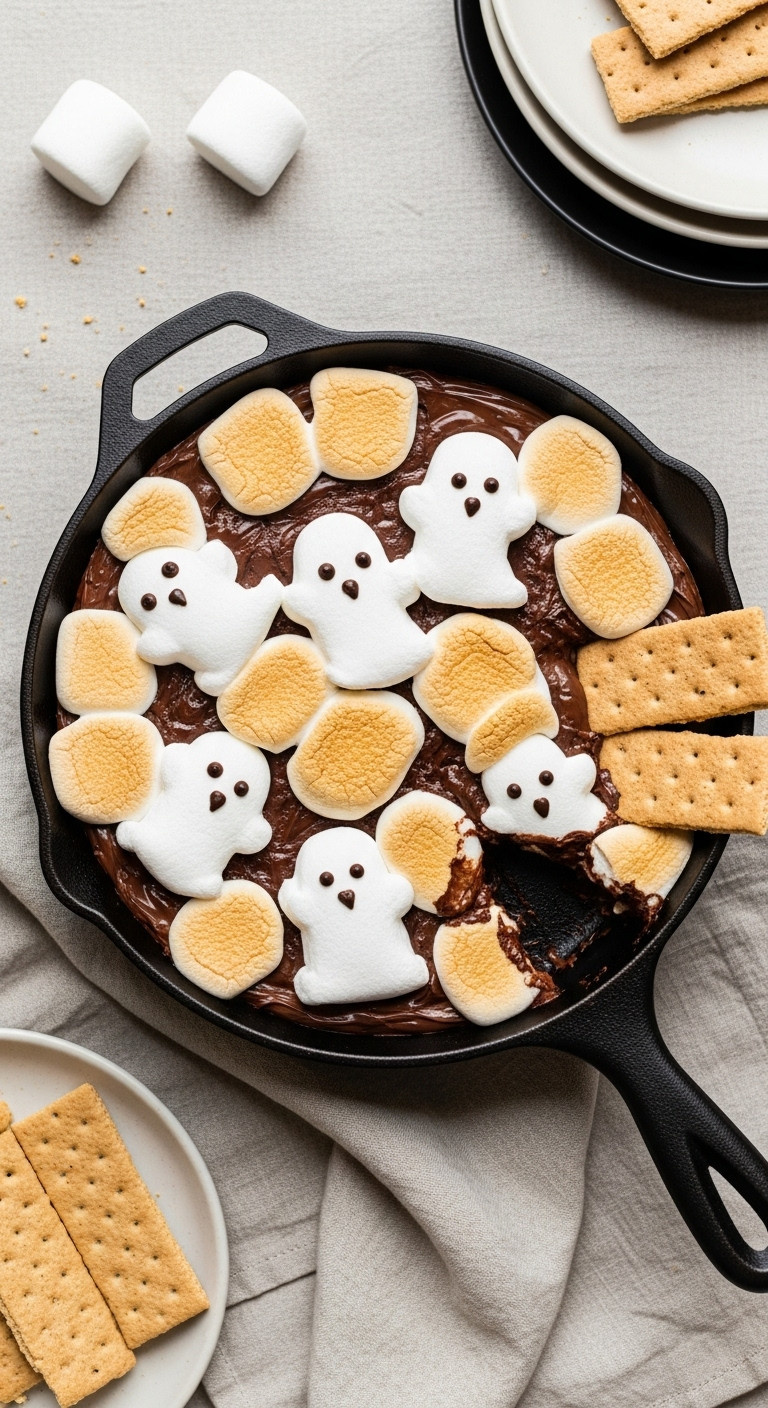 Ghost S'mores Dip Cast Iron Skillet Flat Lay Toasted Marshmallows Graham Crackers Dessert Recipe Food Photography