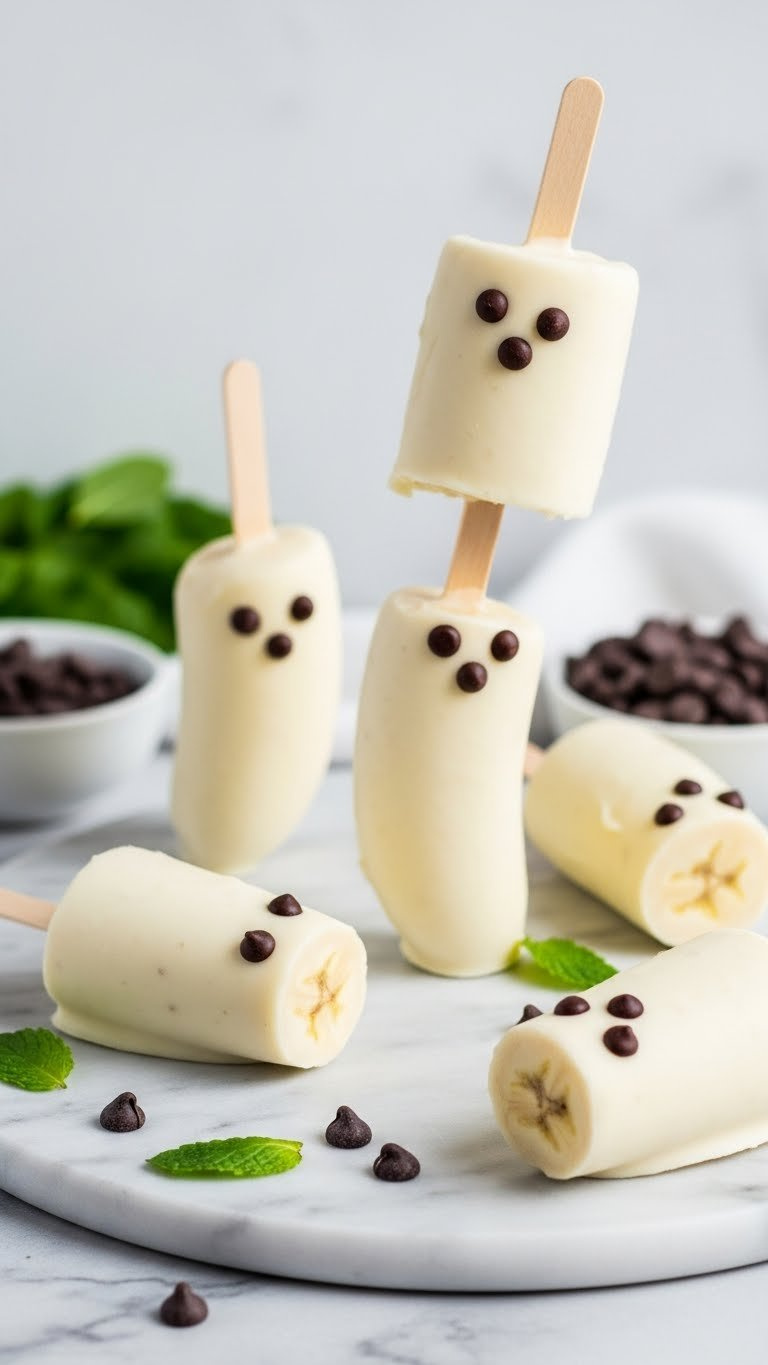 Ghost Banana Pops With Dark Chocolate Chip Eyes Arranged Playfully On Marble Countertop With Scattered Chocolate Chips