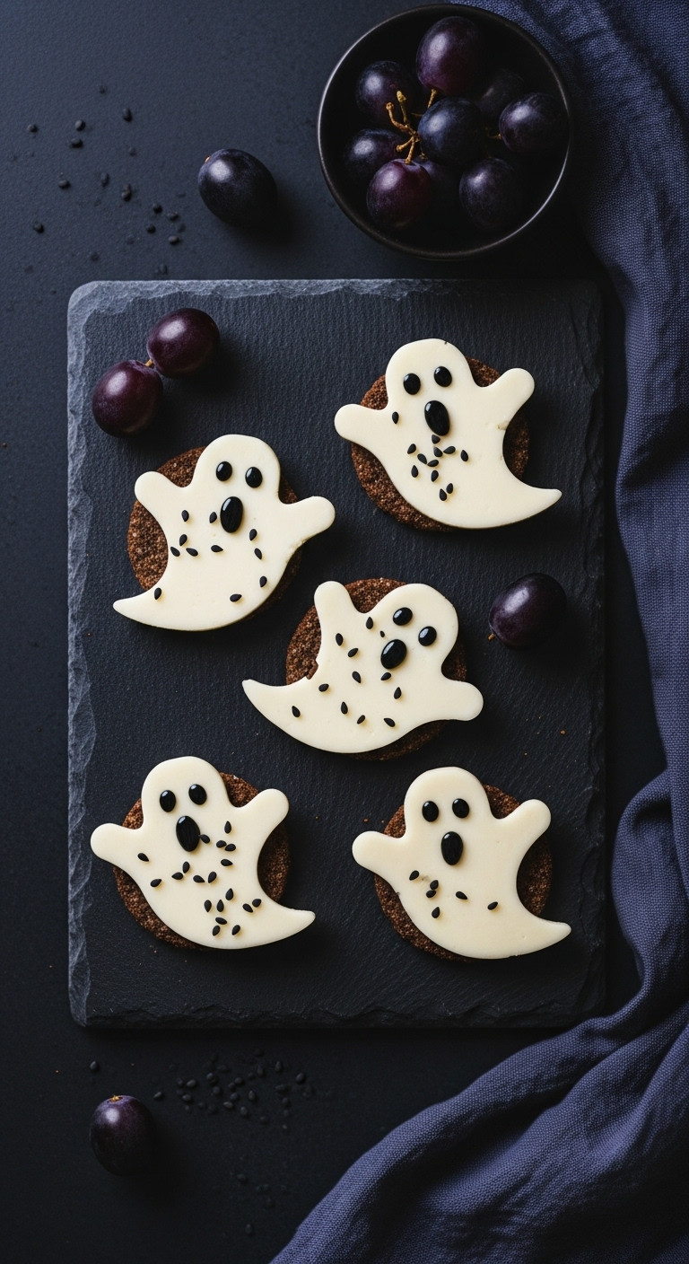 Ghost-Shaped Provolone Cheese Cutouts With Sesame Eyes On Dark Crackers, Black Slate Board With Dark Grapes.