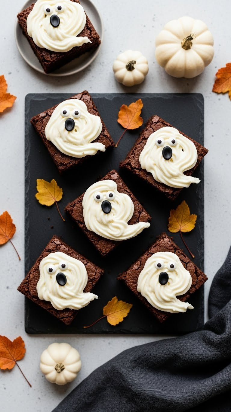 Ghost-Shaped Pumpkin Brownies With Cream Cheese Frosting And Candy Eyes On Dark Slate Tray