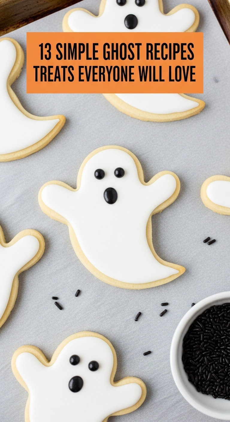Ghost Sugar Cookies With White Royal Icing And Black Candy Pearl Eyes On Parchment Paper