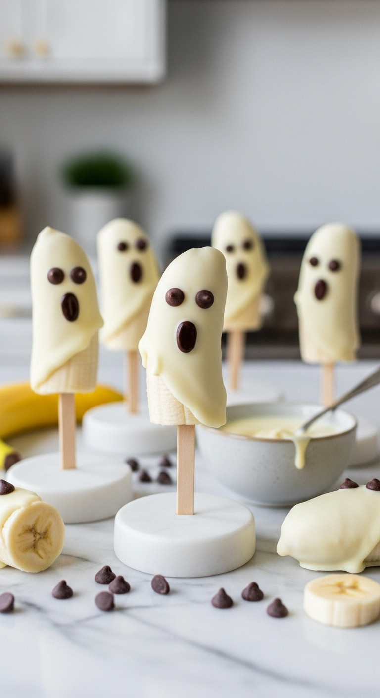 Ghostly Banana Pops On Sticks, White Chocolate Coated With Chocolate Chip Eyes, On A Marble Counter With Kitchen Blur.