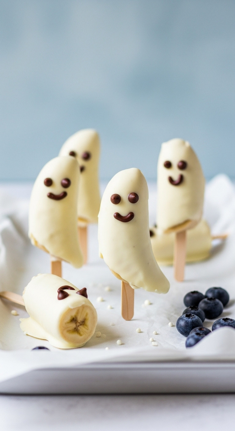 Ghostly Banana Pops: White Chocolate-Dipped Banana Halves With Chocolate Chip Eyes, On Sticks. Delicious, Fresh Halloween Treat For Kids.