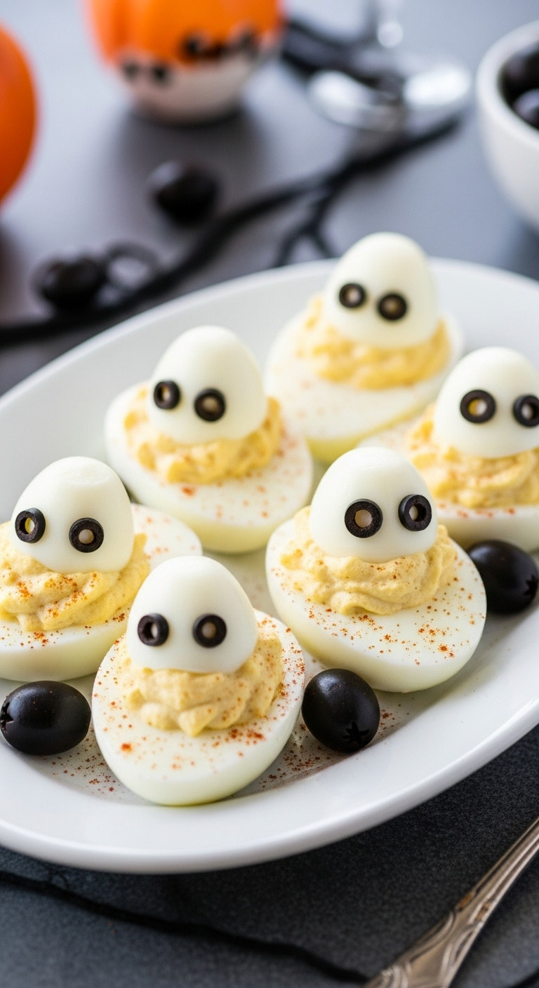 Ghostly Deviled Eggs With Black Olive Eyes On A White Ceramic Platter