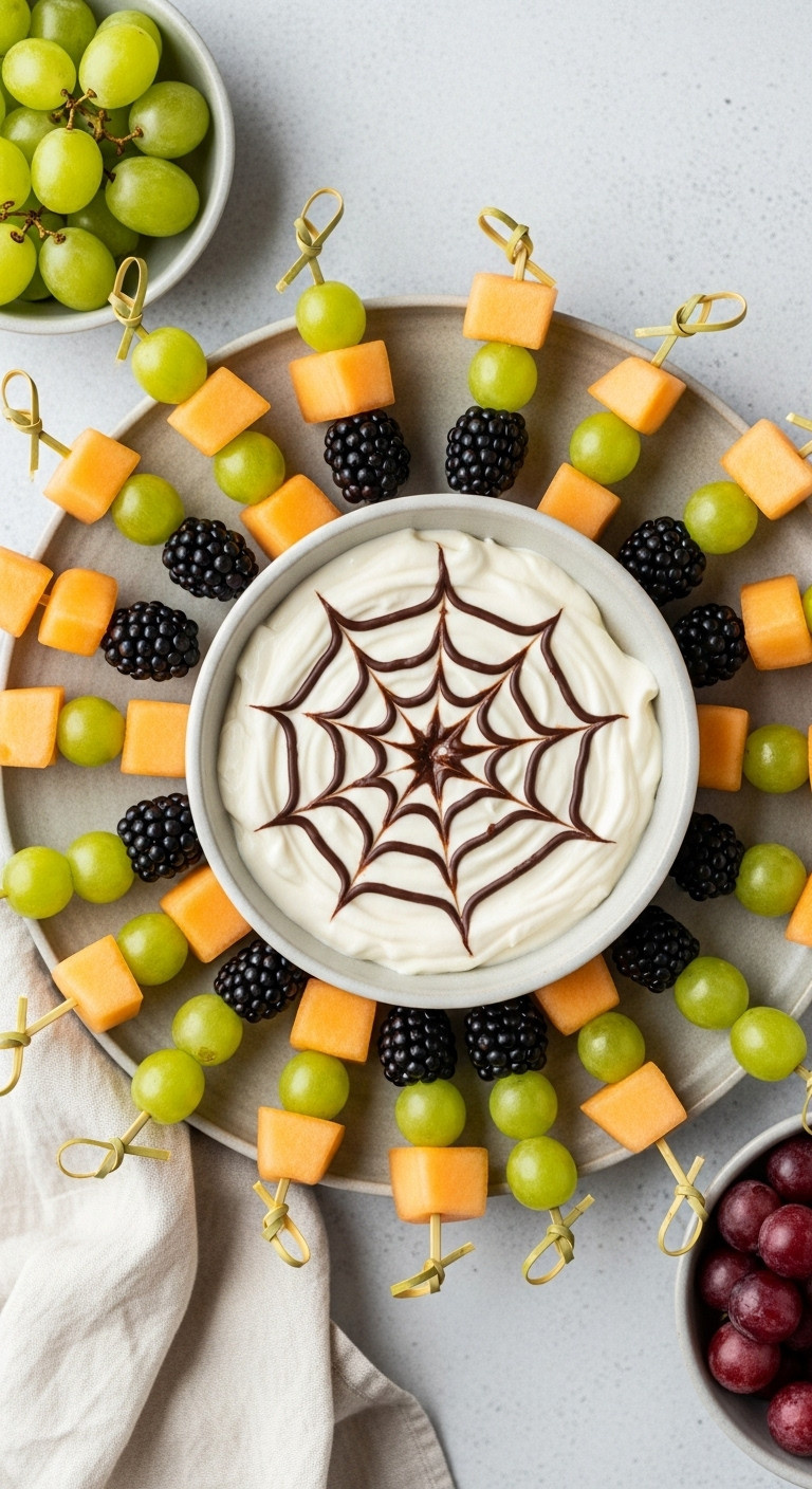Ghostly Halloween Fruit Dip With Chocolate Spiderweb And Colorful Fruit Kabobs On A Light Gray Stone Surface For Healthy Treats