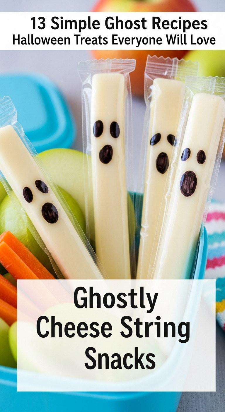 Ghostly Cheese String Snacks With Drawn Faces In A Lunchbox With Other Healthy Snacks