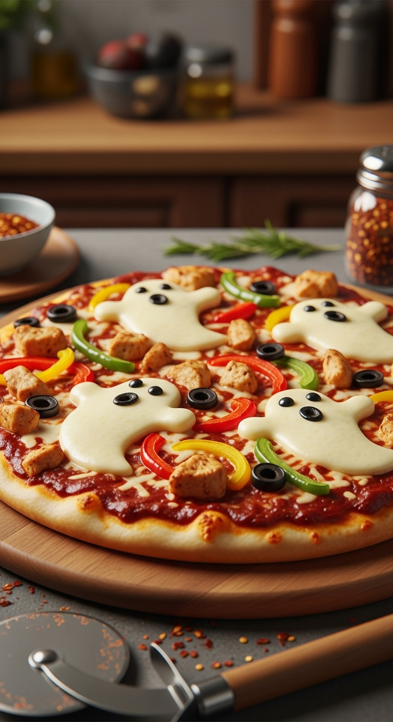 Ghostly Chicken And Pepper Pizza With Mozzarella Ghosts And Olive Eyes On A Wooden Peel In A Cozy Kitchen