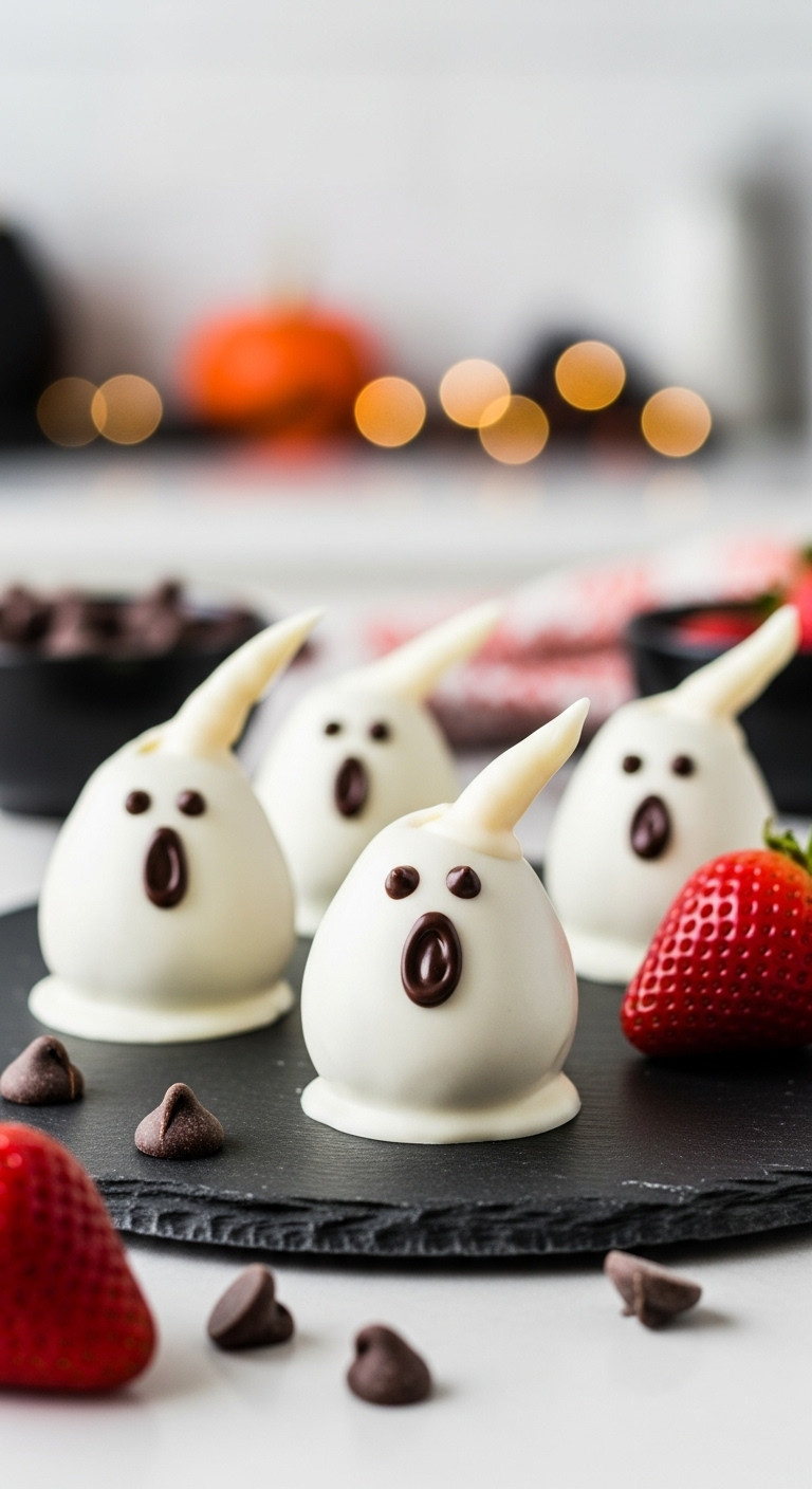Ghostly Chocolate Covered Strawberries With White Chocolate Tails And Dark Icing Faces On A Dark Slate Platter