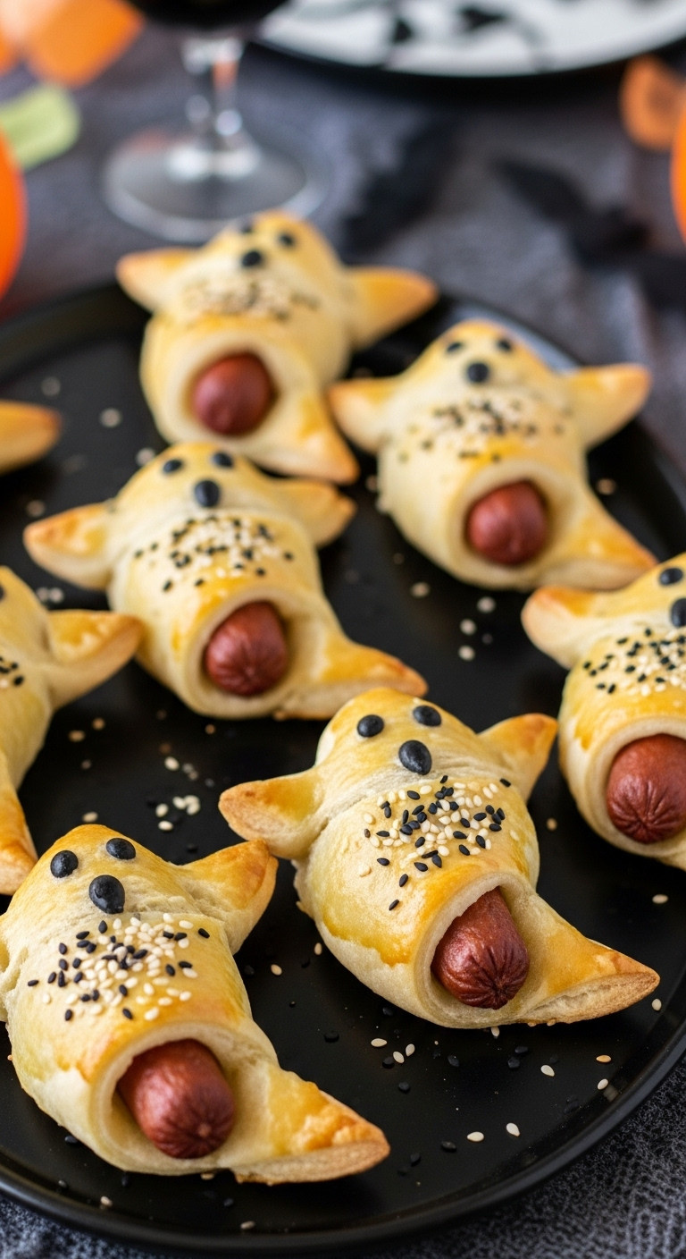 Ghostly Lil Smokies In A Blanket With Sesame Seed Eyes On A Black Serving Tray At A Halloween Table